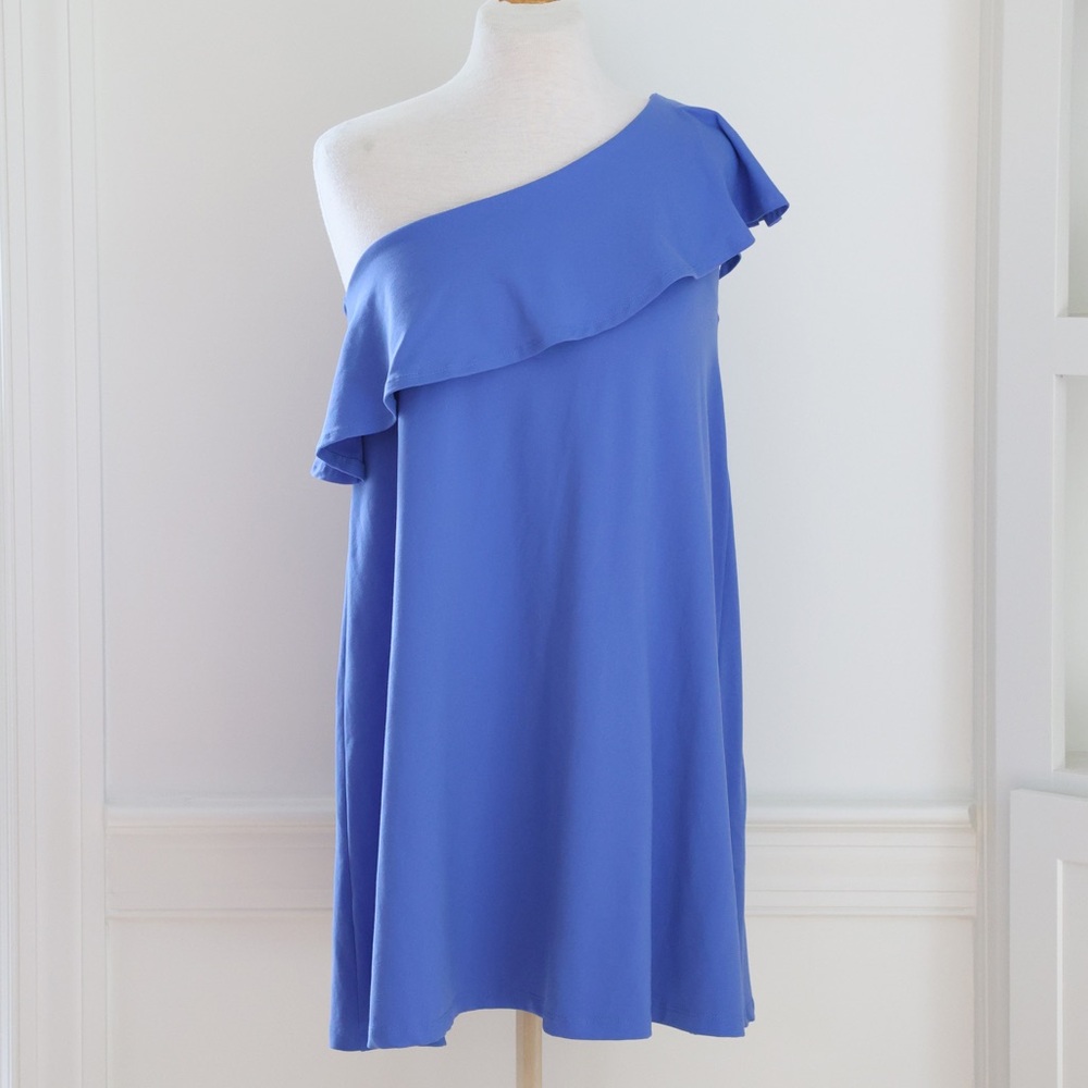 NWT Susana Monaco Blue One Shoulder Ruffle Mini Shift Dress Size Medium
